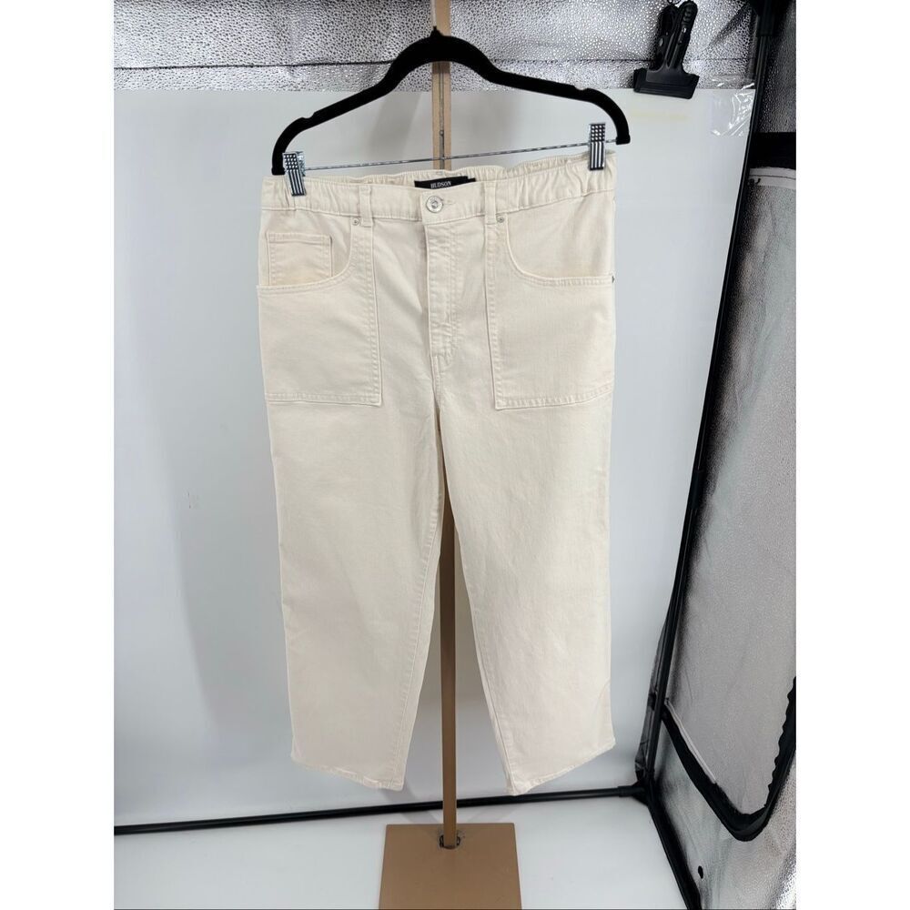 Hudson Remi Crop Straight Leg Jeans Ecru Patch Pocket Elastic Waist Size 32